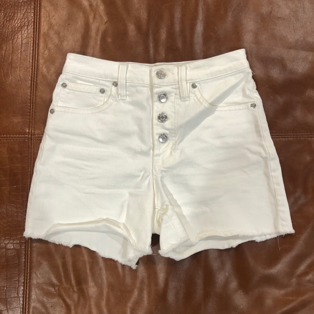 JCrew High Rise white denim shorts with a button fly
